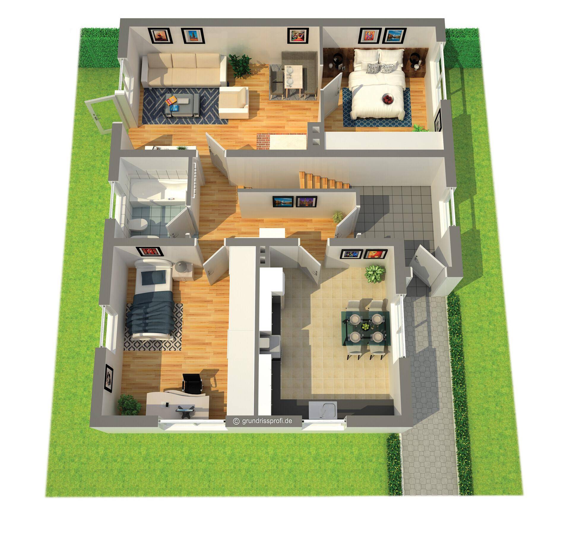 3D-Grundriss des Erdgeschosses mit offenem Wohnbereich, Küche, Schlafzimmer und Bad.