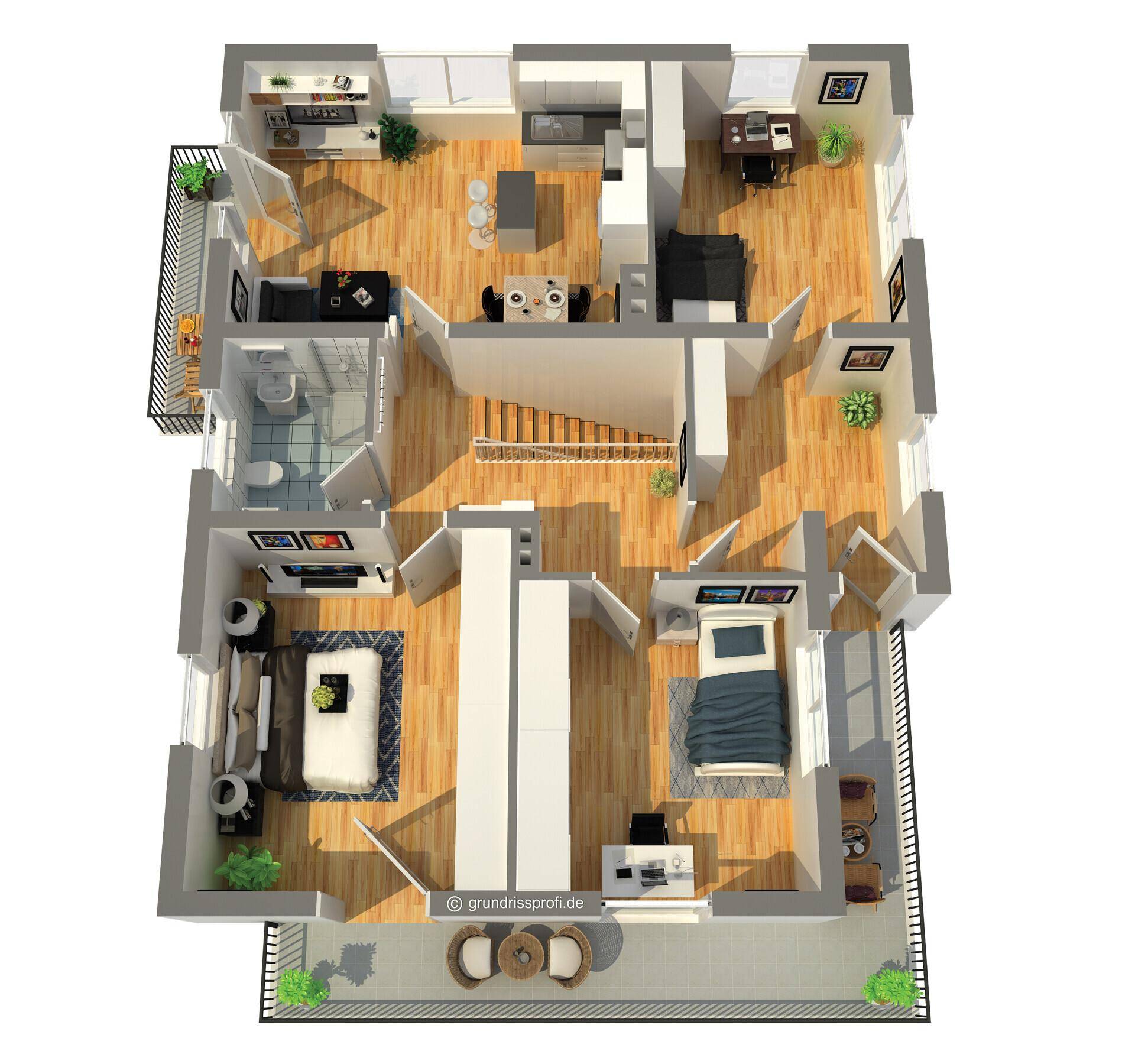 3D-Grundriss des Obergeschosses mit mehreren Schlafzimmern, Bädern und Balkonzugang.