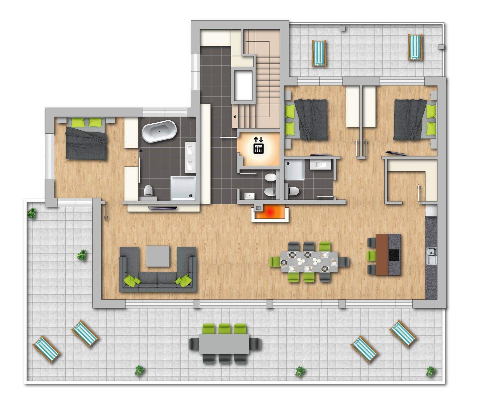 Detaillierter Grundriss einer Wohnung mit drei Schlafzimmern, zwei Bädern und großer Terrasse.