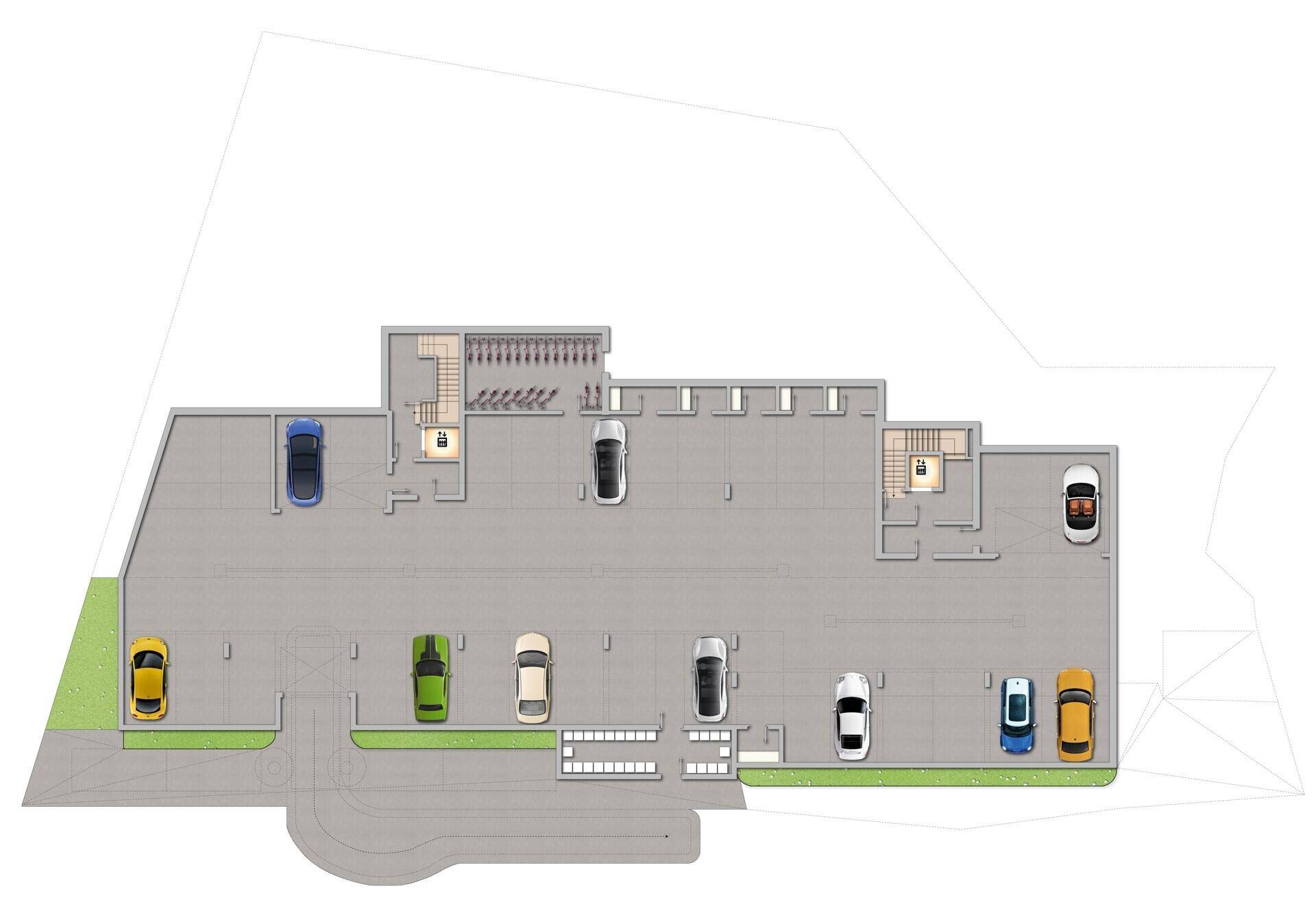 Grundriss der Tiefgarage mit mehreren Stellplätzen und Zugang über Treppenhaus und Aufzug.