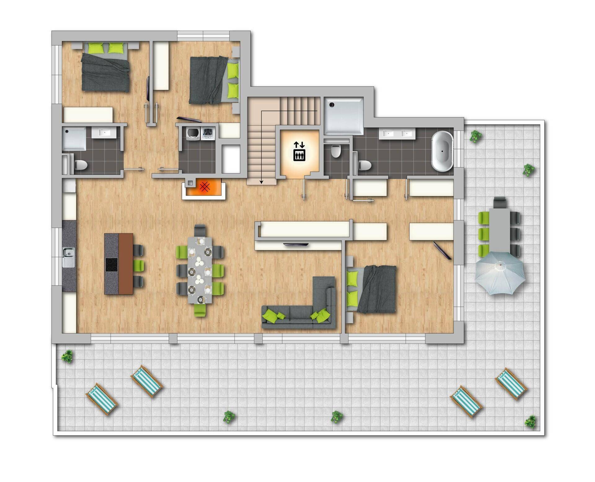 Detaillierter Grundriss einer Wohnung mit drei Schlafzimmern, offenem Wohnbereich und großer Terrasse.