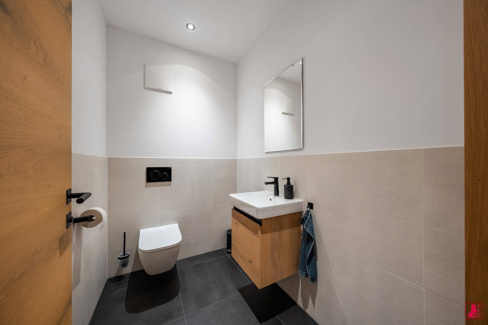 Modernes Gäste-WC mit wandhängendem WC, kleinem Waschbecken und Spiegel.