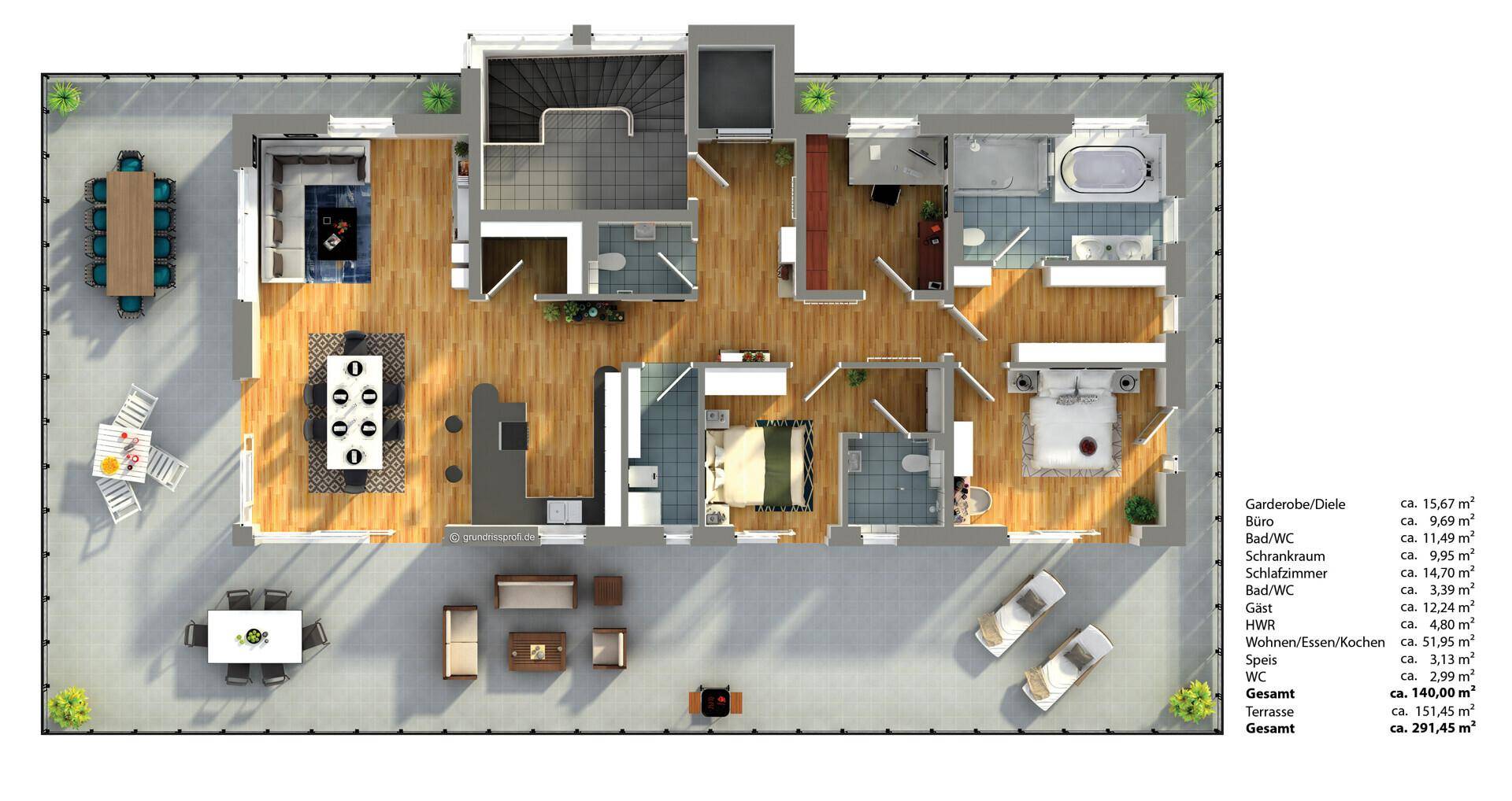 Detaillierter Grundriss einer Wohnung mit mehreren Zimmern und großer Terrasse.