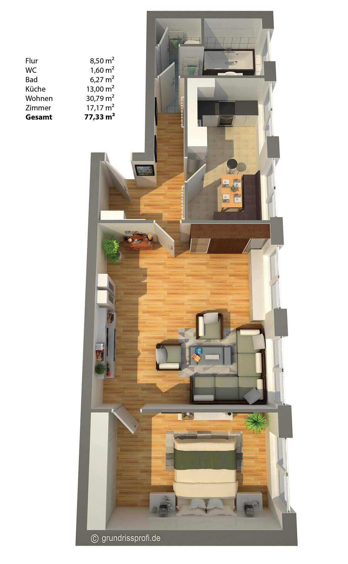Detaillierter 3D-Grundriss der Wohnung mit Möblierung und Raumaufteilung.