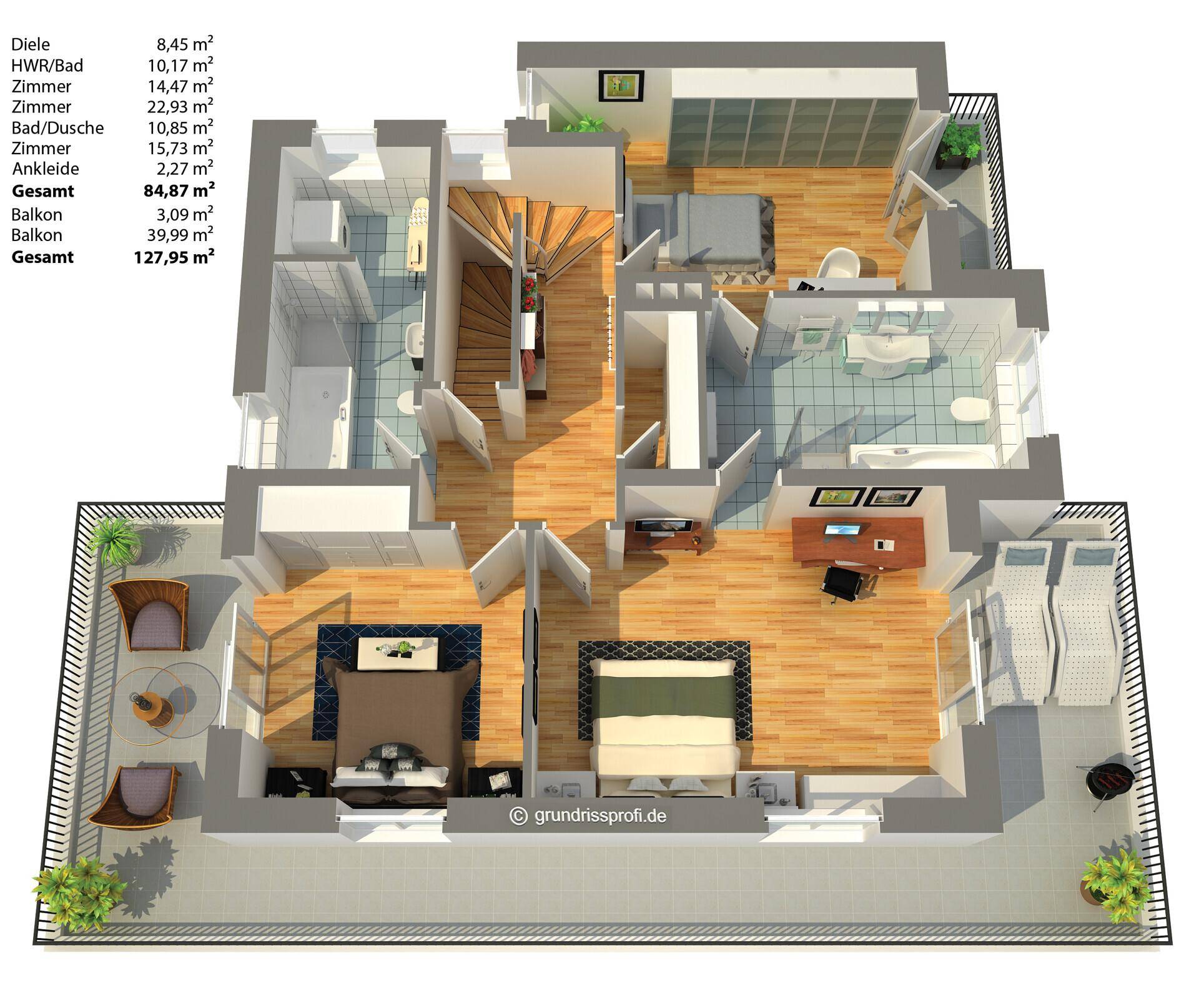 3D-Grundriss des Obergeschosses mit drei Schlafzimmern, zwei Bädern und einem großen umlaufenden Balkon.