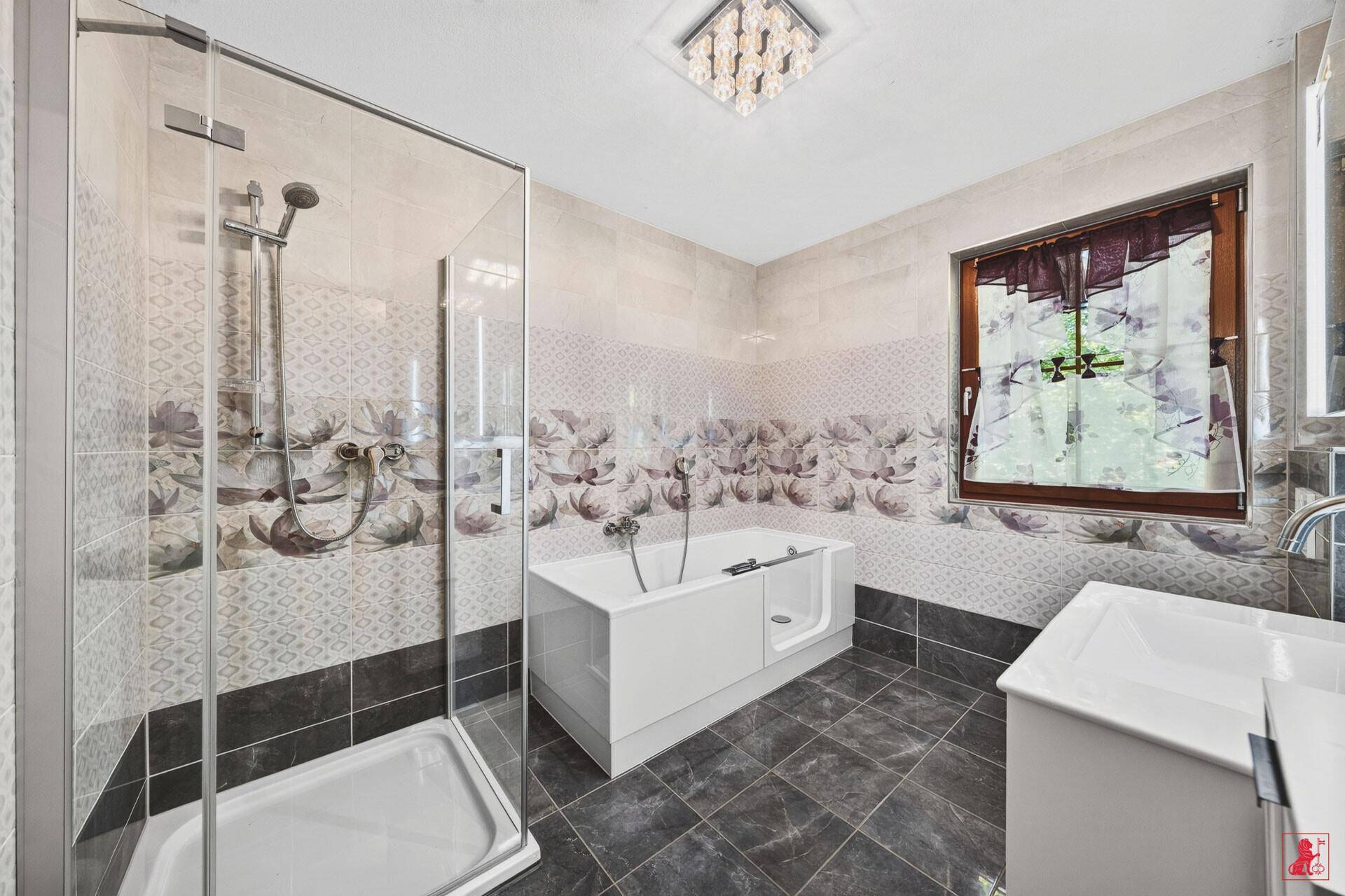 Geräumiges Badezimmer mit Duschkabine, Badewanne mit Einstieg und gemusterten Fliesen.