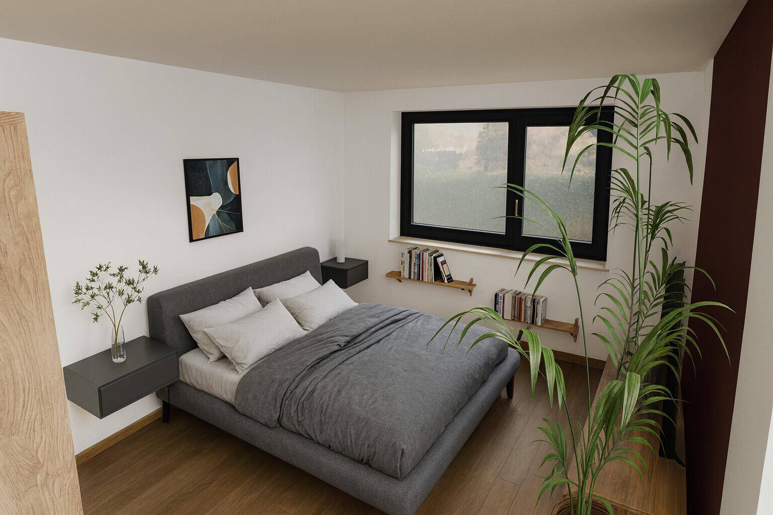 Modernes Schlafzimmer mit Doppelbett, Holzboden und großem Fenster.