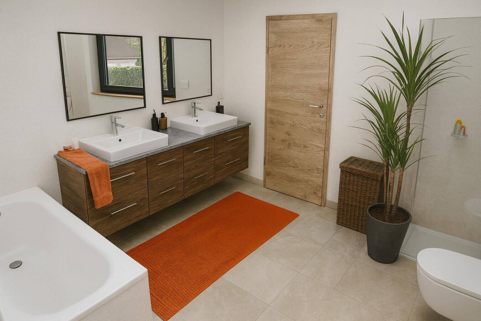 Helles Badezimmer mit Doppelwaschbecken, Badewanne, Dusche und modernen Fliesen.