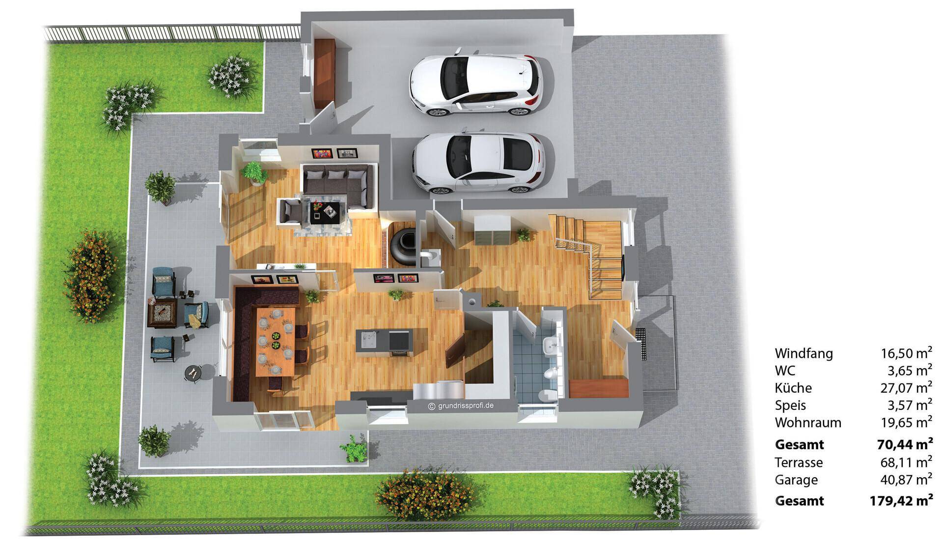 Detaillierter Grundriss des Erdgeschosses mit offener Küche, Wohnbereich und Garage.