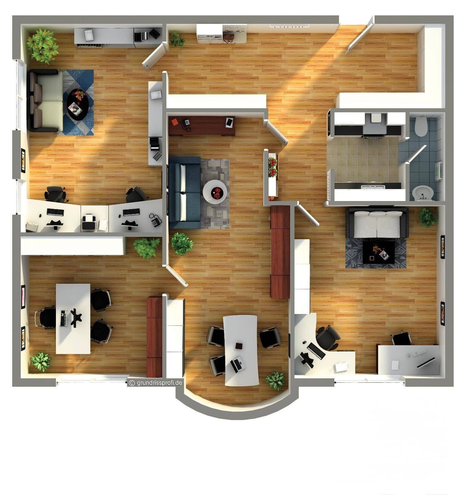 Detaillierter Grundriss einer Wohnung mit mehreren Zimmern, Bädern und offenem Wohnbereich.