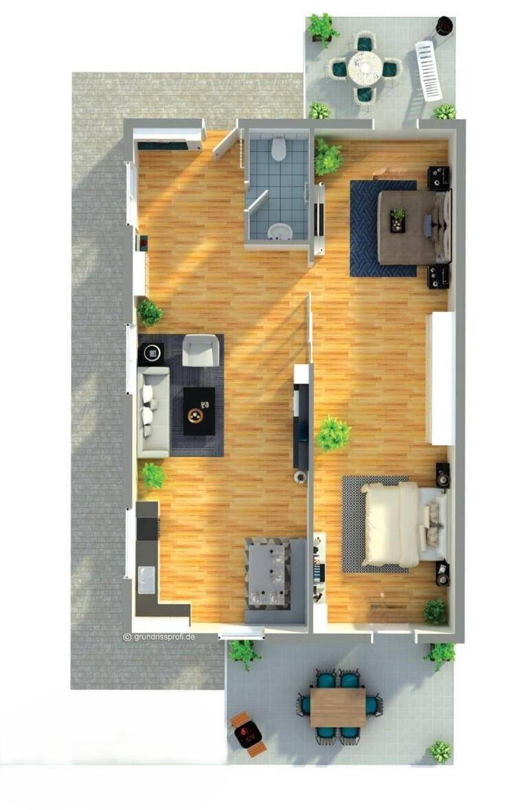 Detaillierter Grundriss mit Möblierung, Terrasse und Gartenbereichen.