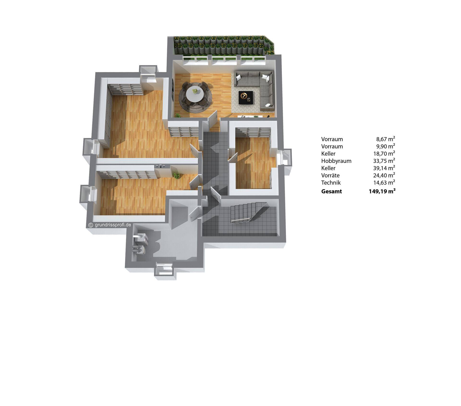 3D-Grundriss des Untergeschosses mit Keller, Hobbyraum und Technikbereich.