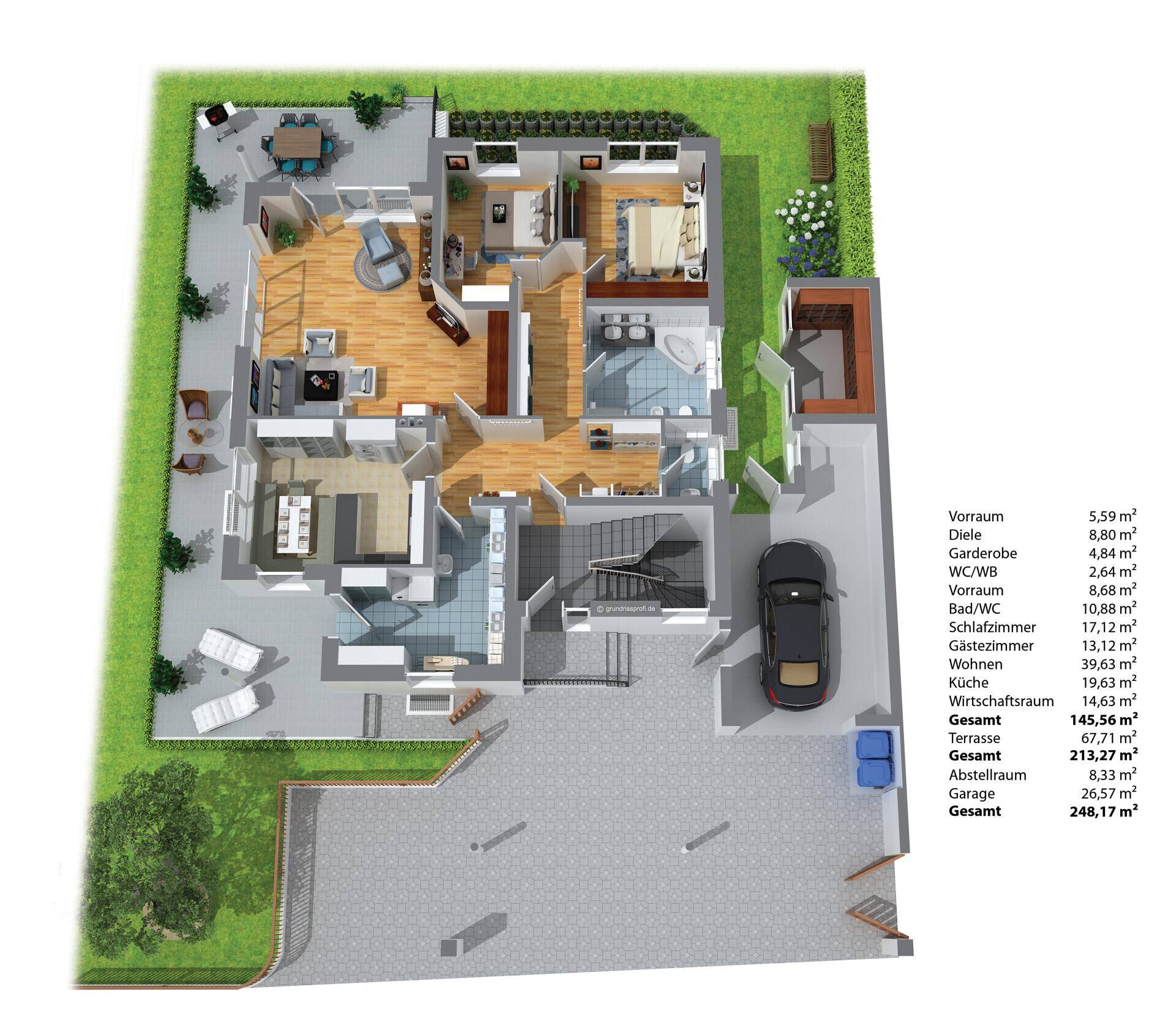 3D-Grundriss des Erdgeschosses mit Terrasse, Garten und integrierter Garage.