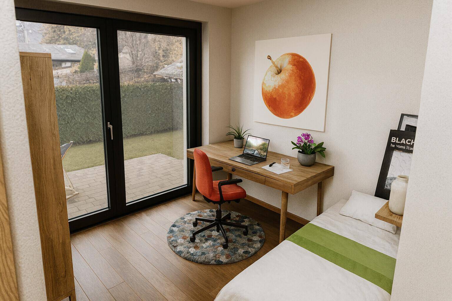 Helles Schlafzimmer mit Schreibtisch, Holzboden und direktem Zugang zum Garten.