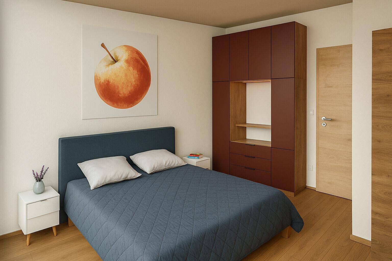 Modernes Schlafzimmer mit Doppelbett, Holzboden und integriertem Kleiderschrank.