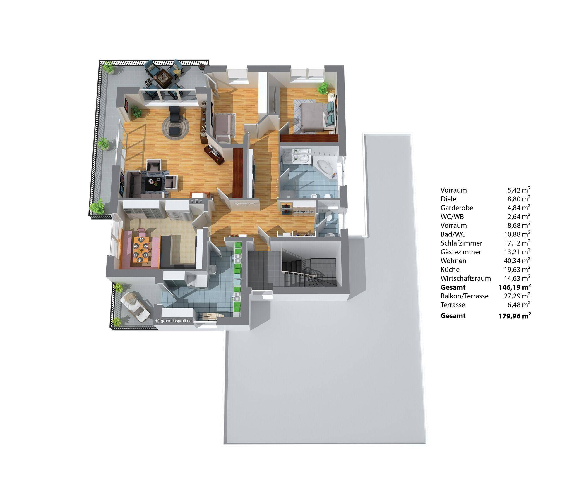 Detaillierter 3D-Grundriss des Obergeschosses mit Balkon, Terrasse und mehreren Zimmern.