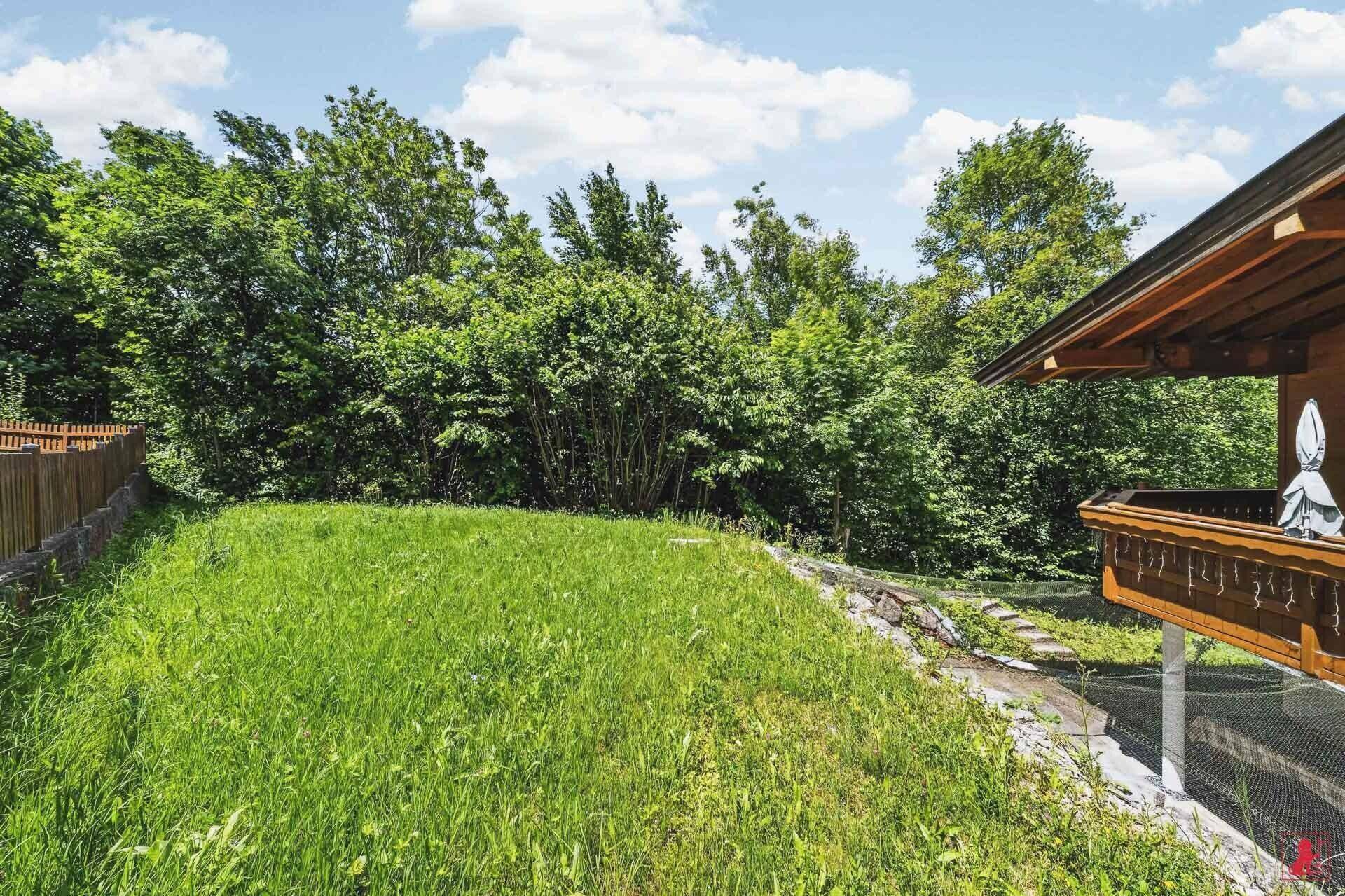 Gepflegte Rasenfläche neben dem Holzhaus, umgeben von üppigem Grün und Bäumen.