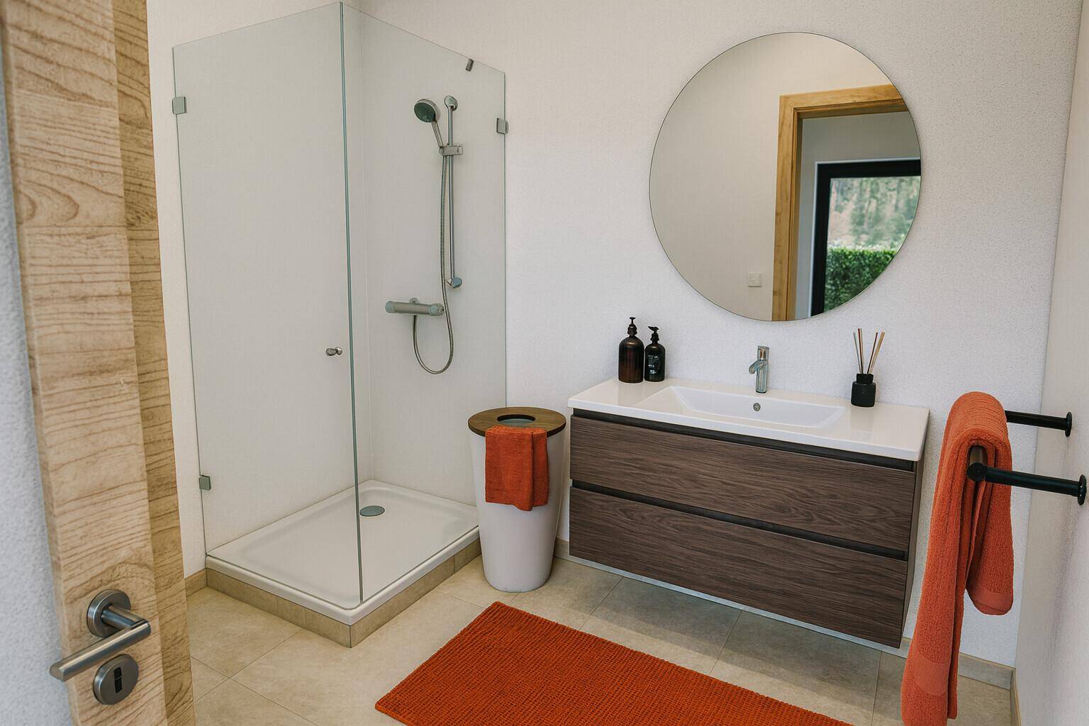 Modernes Badezimmer mit begehbarer Dusche, Einzelwaschbecken und großem Spiegel.