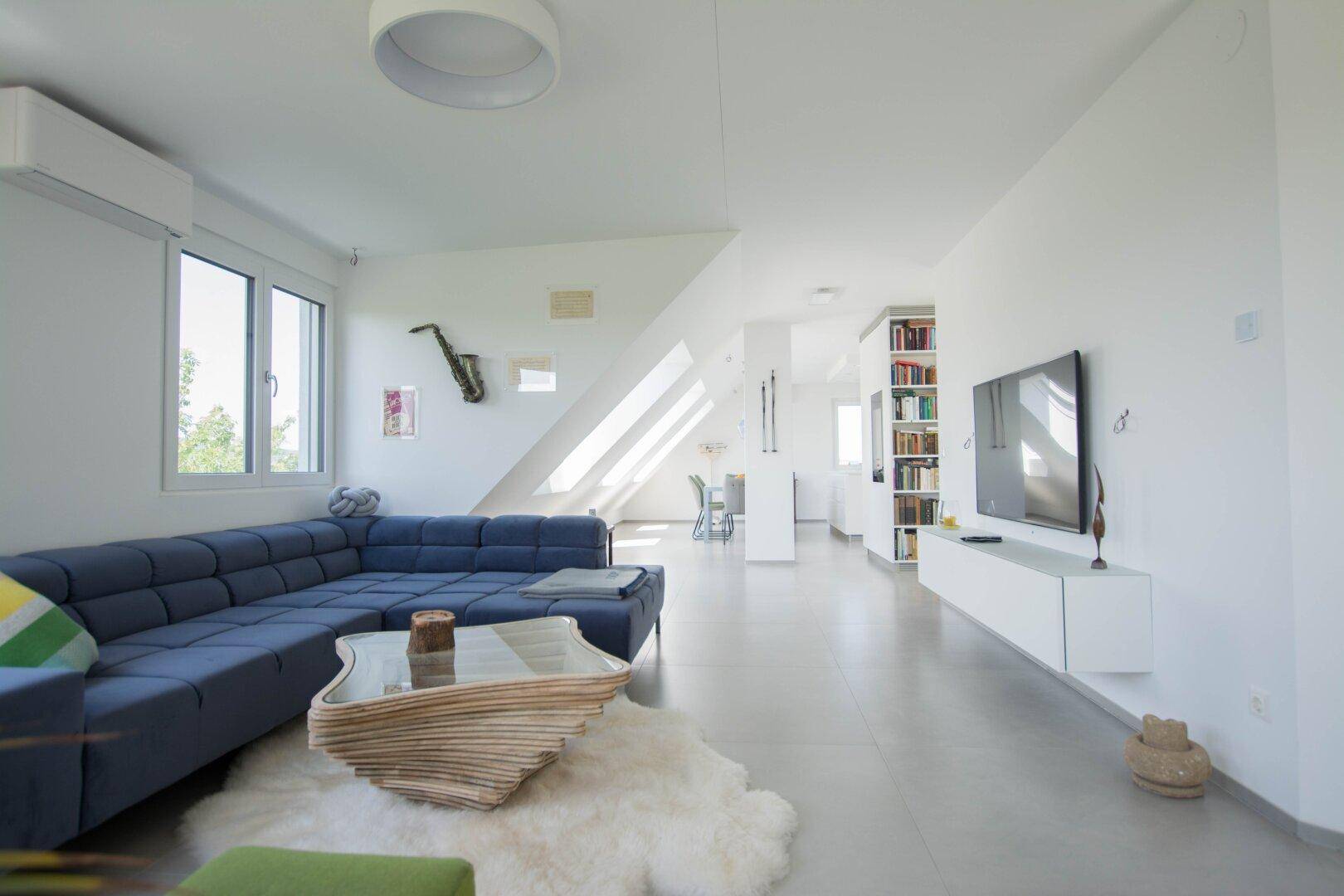 Großzügiger, offener Wohn- und Essbereich mit blauer Couch, Fernseher und Bücherregal.