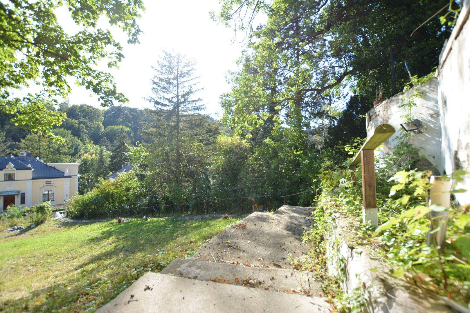 Steintreppe führt durch üppiges Grün mit Blick auf ein charmantes Haus in der Ferne.