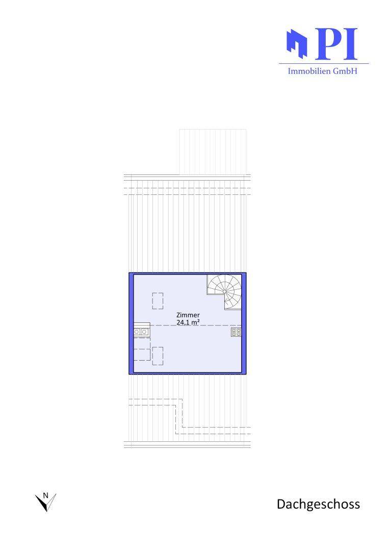 Grundriss des Dachgeschosses mit einem Zimmer und Wendeltreppe, unter Berücksichtigung der Dachschräge.