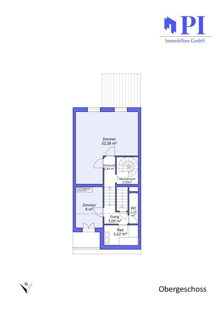 Grundriss des Obergeschosses mit zwei Zimmern, Bad, separatem WC und Wendeltreppe.