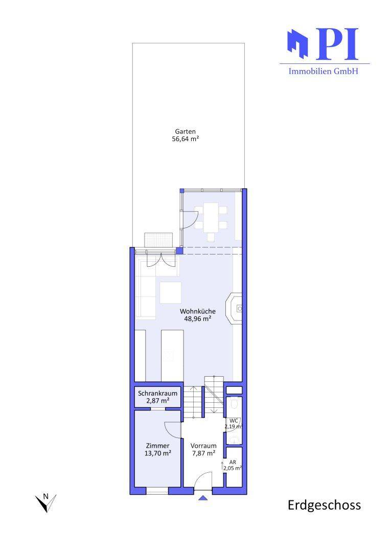 Grundriss des Erdgeschosses mit offener Wohnküche, Zimmer, Schrankraum, Gäste-WC und Zugang zum Garten.