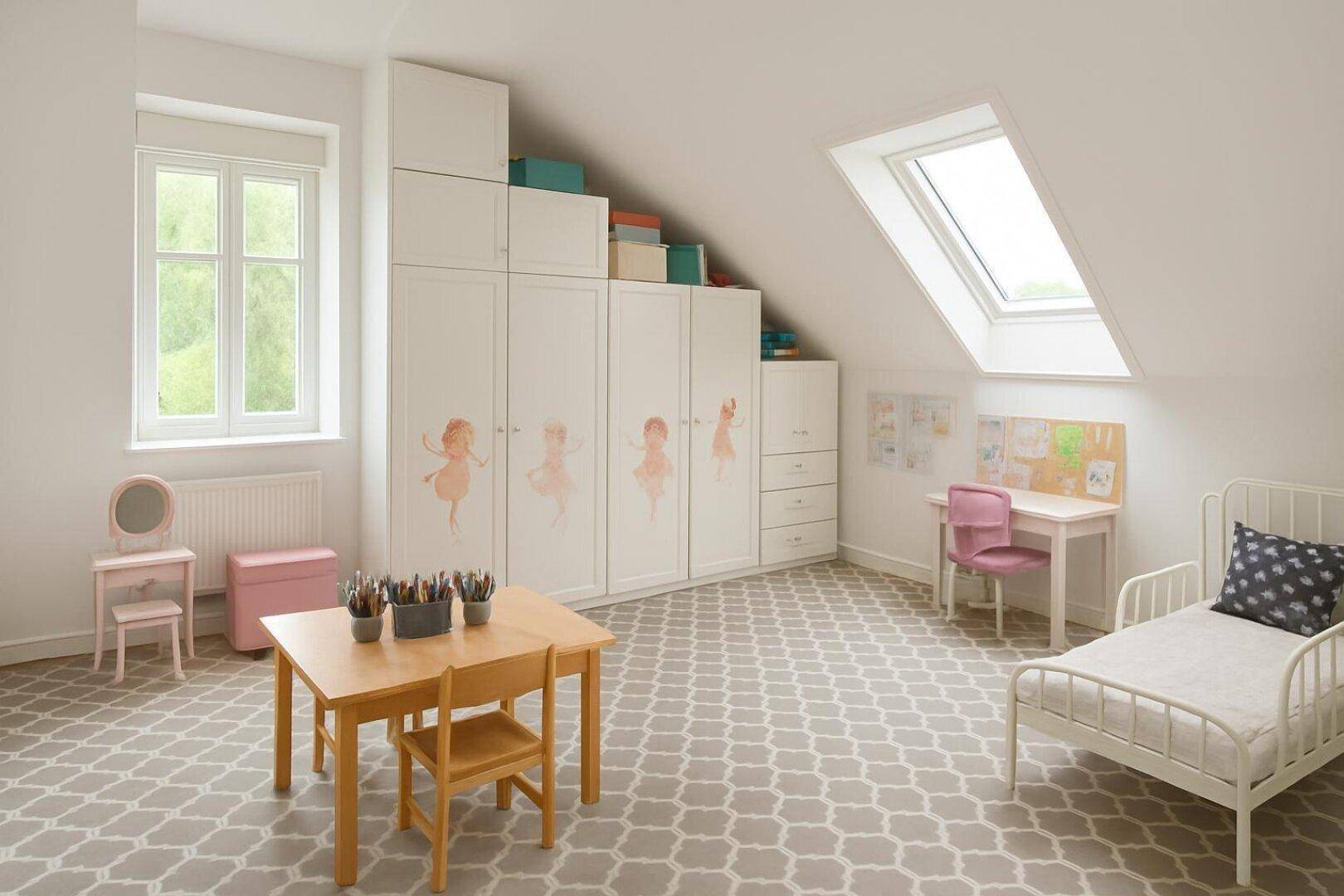 Kinderzimmer im Dachgeschoss mit Schrägdach, großem Fenster und spielerischer Einrichtung.