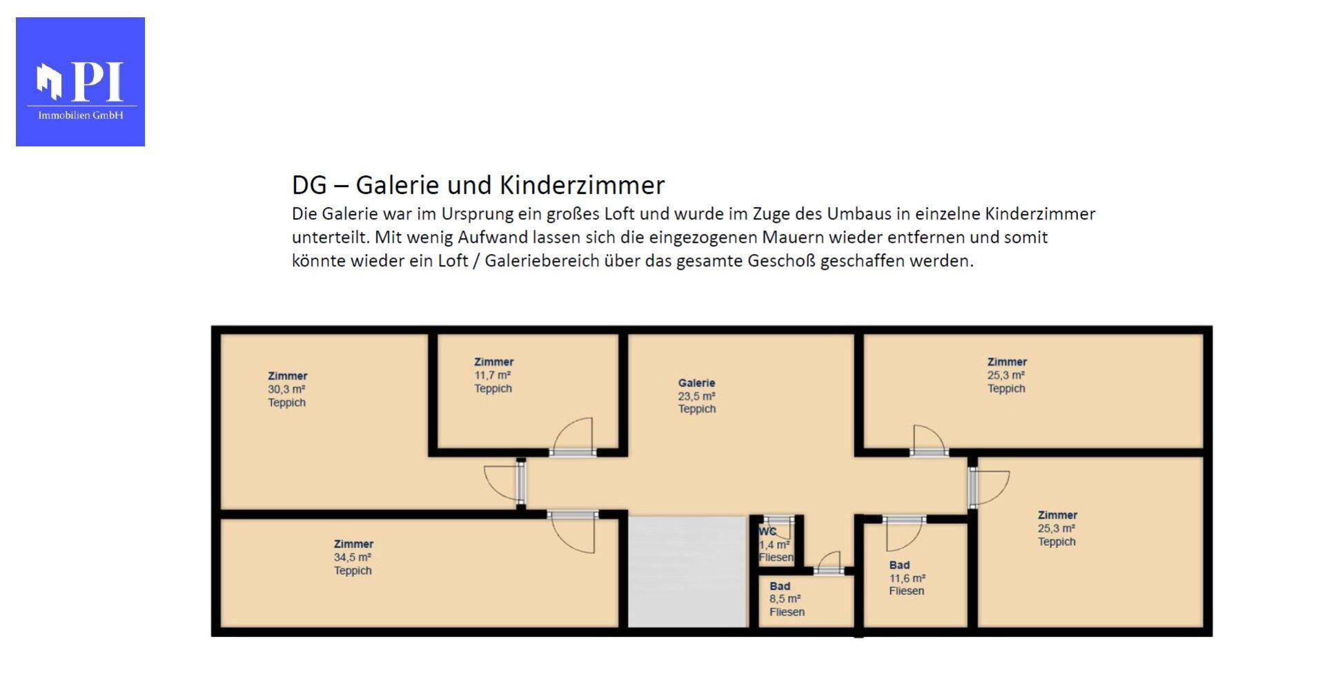 Grundriss des Dachgeschosses mit Galerie, mehreren Zimmern und Bad.