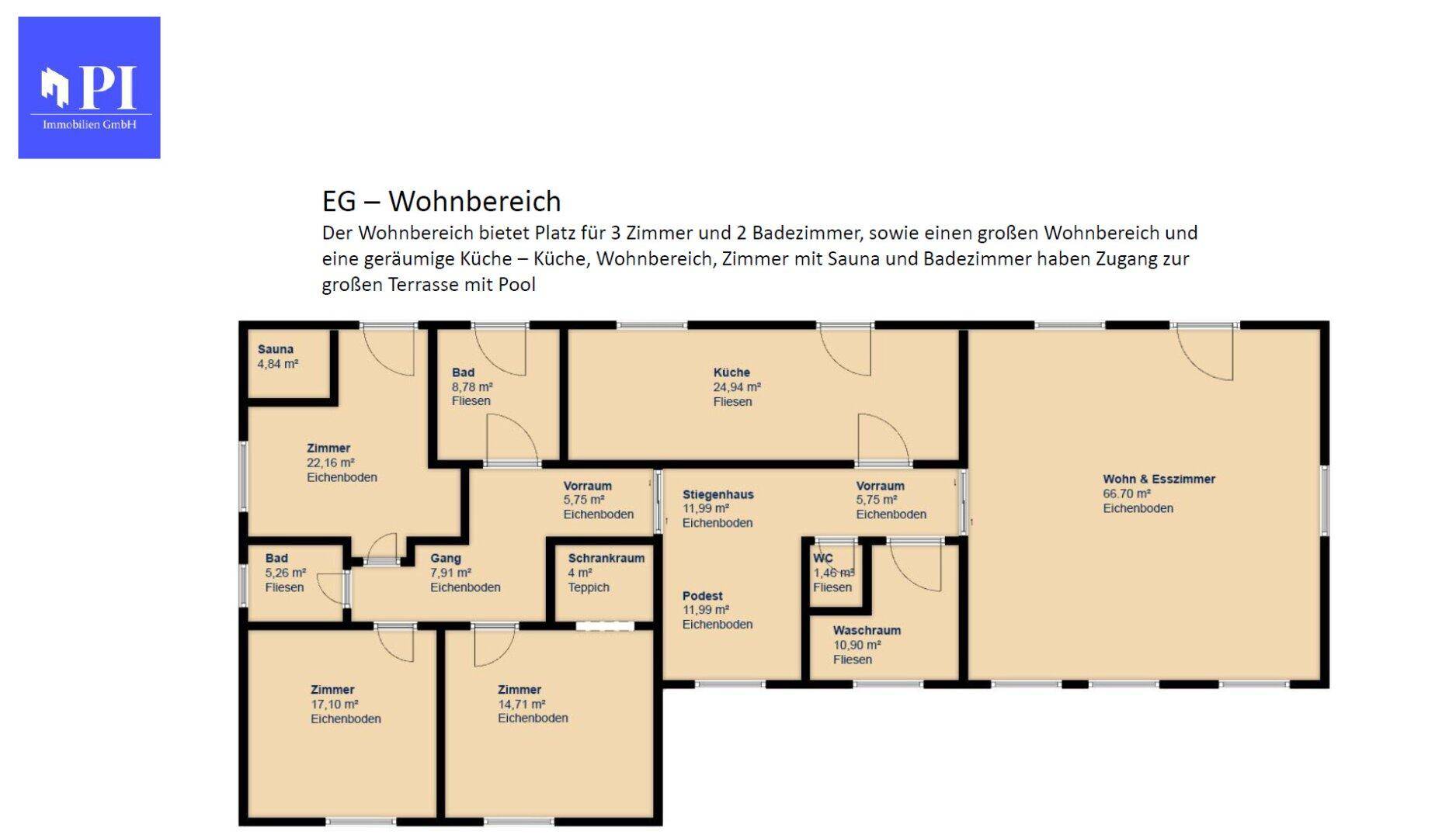 Grundriss des Erdgeschosses mit Wohn-Esszimmer, Küche, Bad und Zugang zur Terrasse mit Pool.
