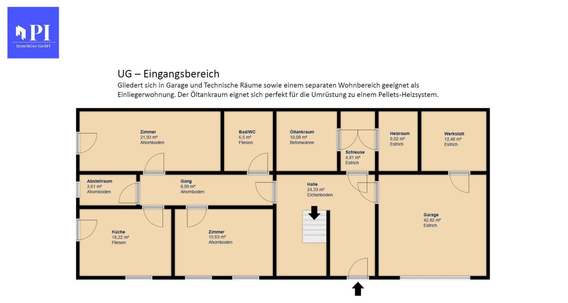 Grundriss des Untergeschosses mit Garage, Technikräumen und separatem Wohnbereich.
