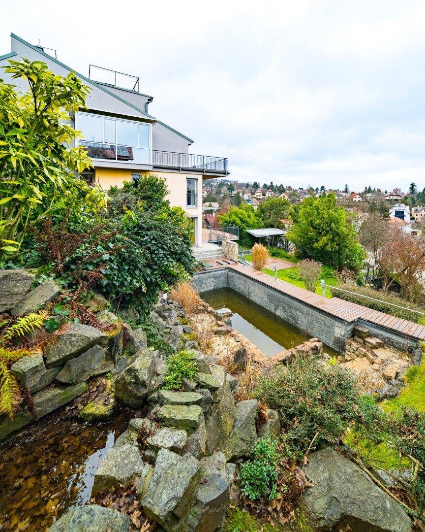 Naturnaher Gartenbereich mit Felsen, üppiger Vegetation und einem Schwimmteich oder Pool.
