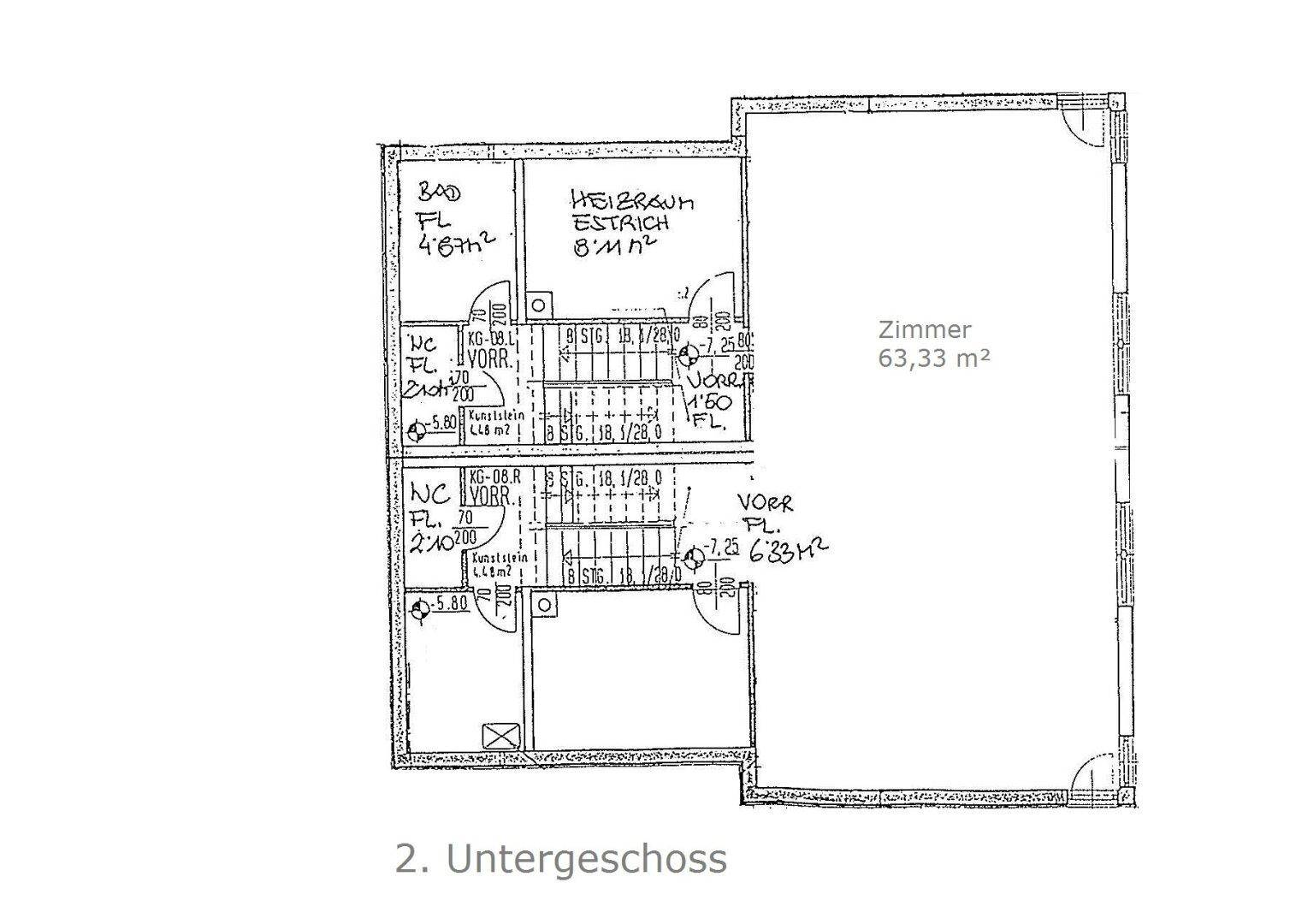Grundriss des zweiten Untergeschosses mit großem Zimmer, Bad, Gäste-WC und Heizraum.