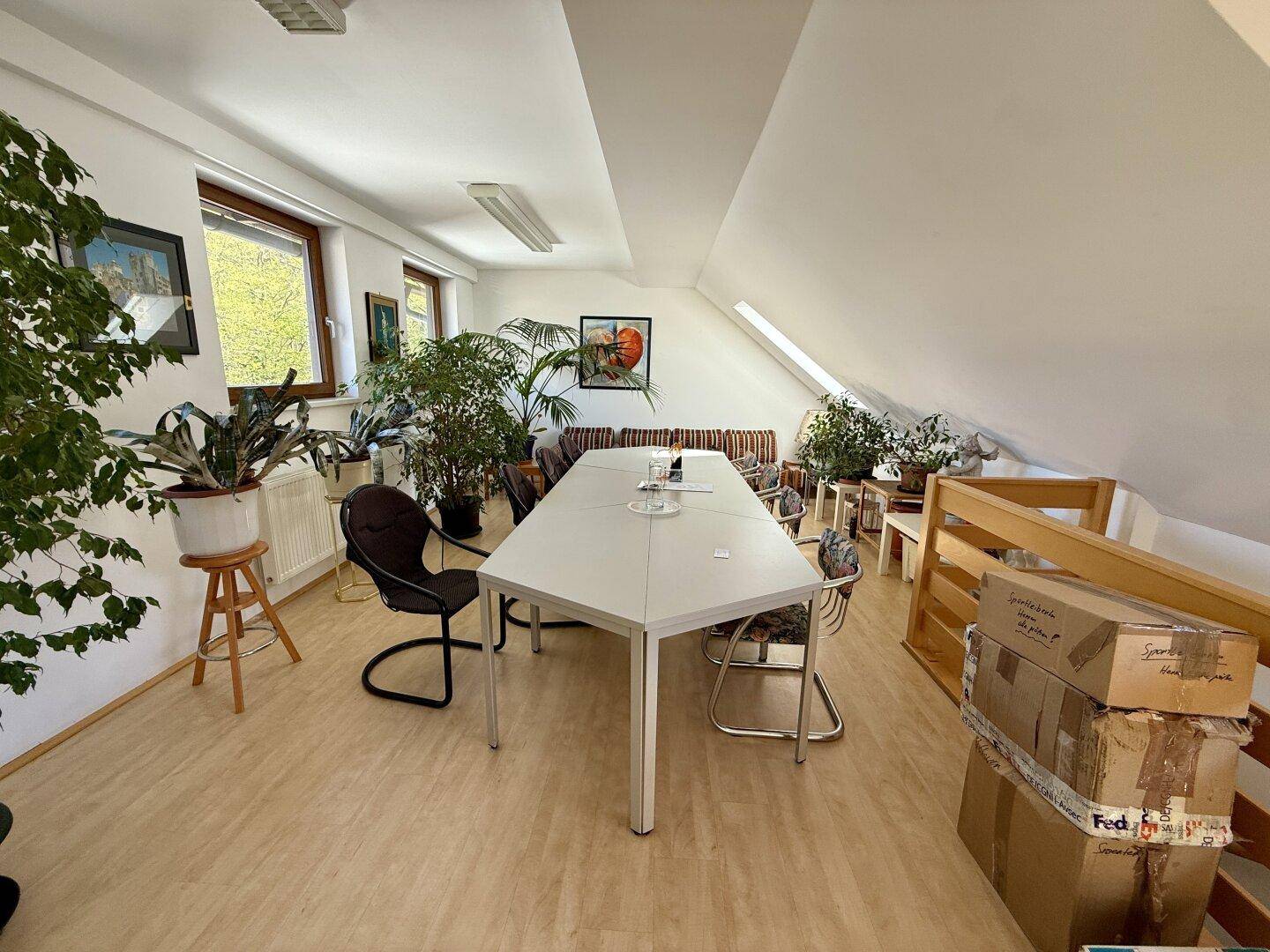 Heller Büroraum im Dachgeschoss mit Schrägdecke, großem Konferenztisch und vielen Pflanzen, gut beleuchtet.