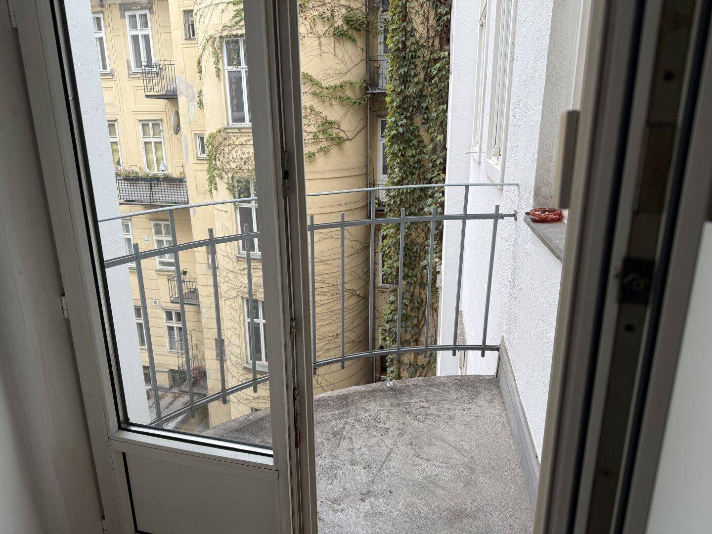 Kleiner Balkon mit Metallgeländer und Blick auf die umliegenden Gebäude mit Efeu.