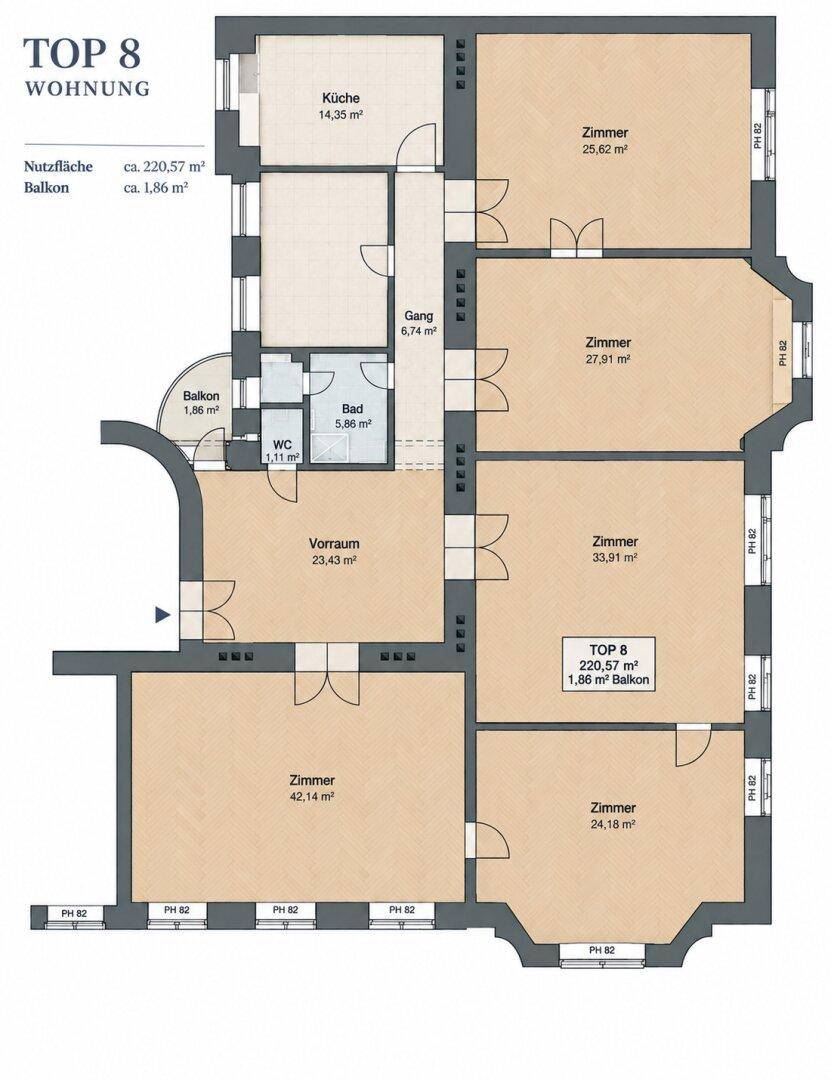 Detaillierter Grundriss der Wohnung Top 8 mit Zimmern, Küche und Balkon.