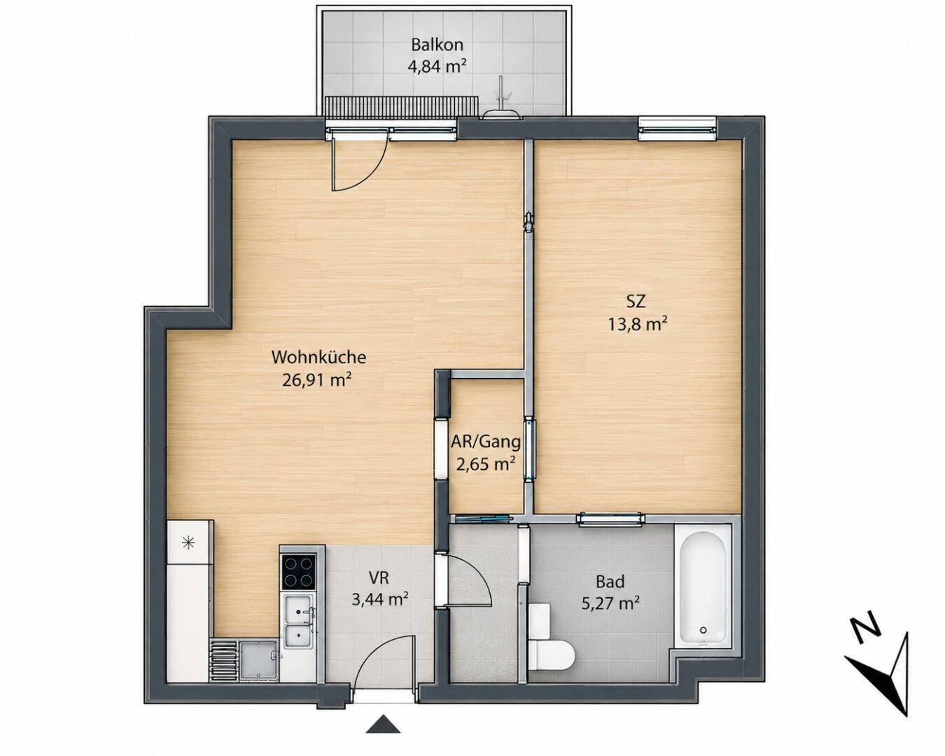 Grundriss einer Wohnung mit Wohnküche, Schlafzimmer, Bad und Balkon, inklusive Flächenangaben.
