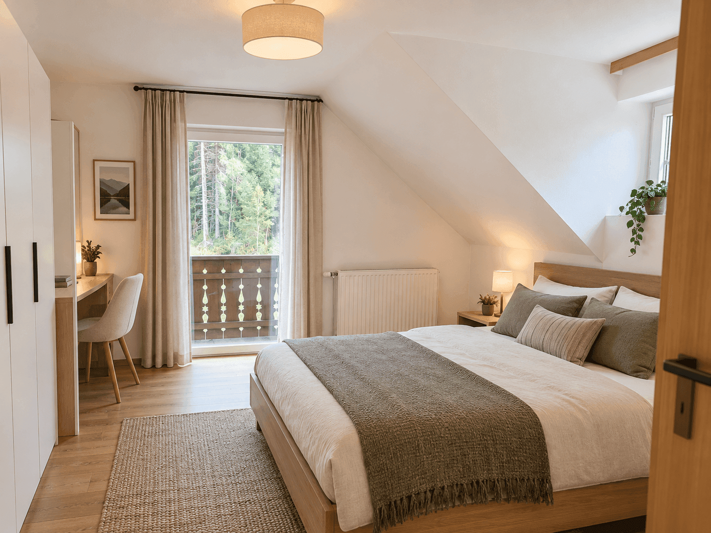 Modern eingerichtetes Dachschlafzimmer mit Doppelbett, Schreibtisch und Balkonzugang, hell und freundlich.