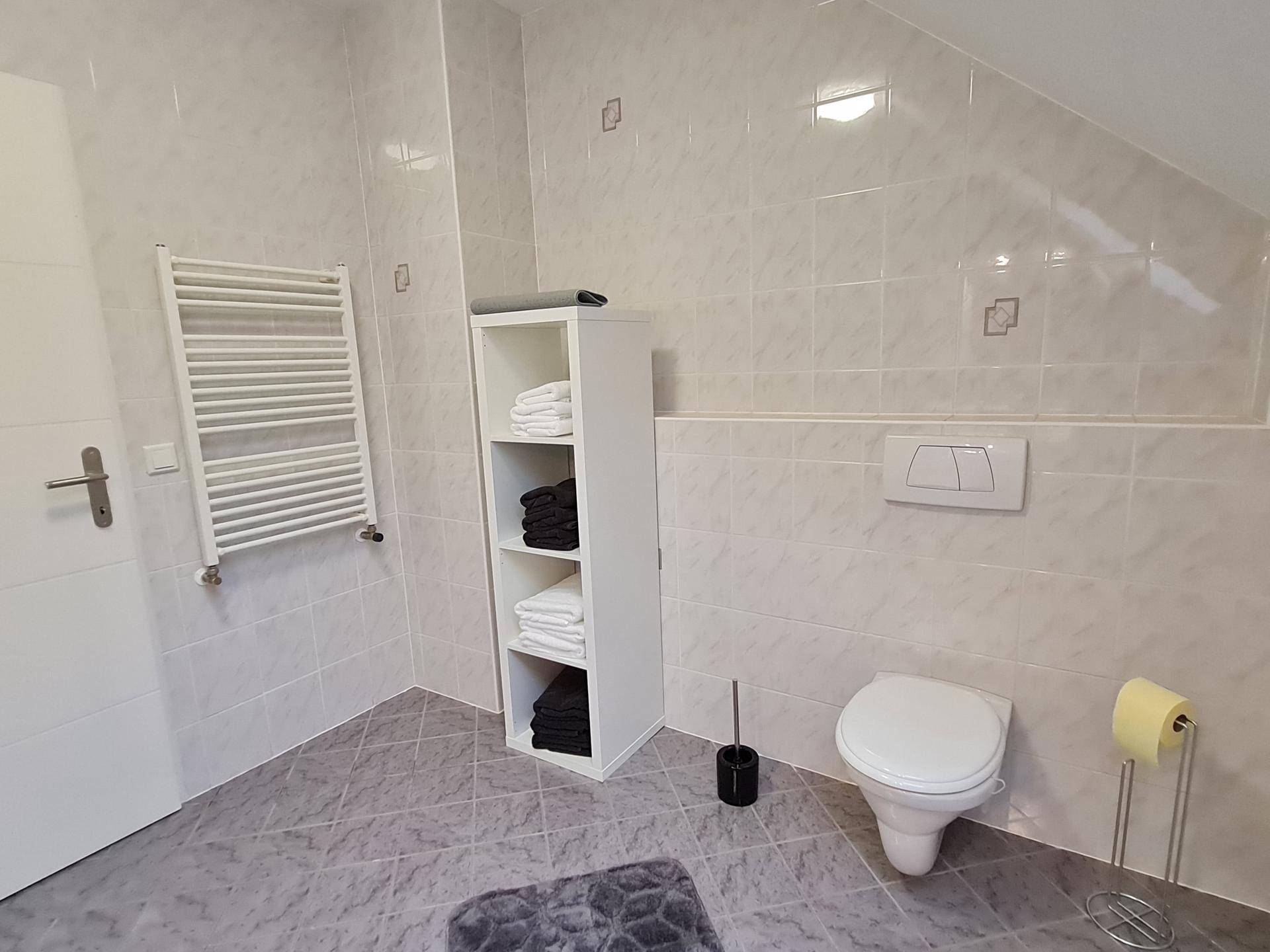 Toilettenbereich im Badezimmer mit wandmontiertem WC, Handtuchheizkörper und Regal.