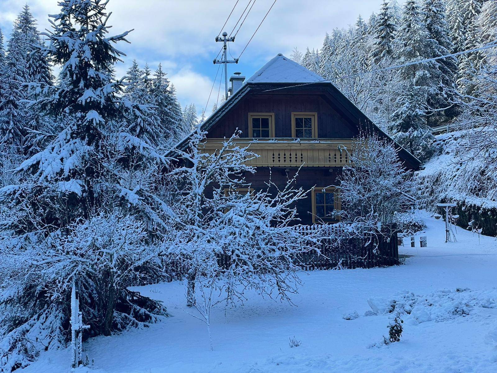 Traditionelles Chalet in verschneiter Alpenlandschaft, umgeben von Bäumen unter blauem Himmel.