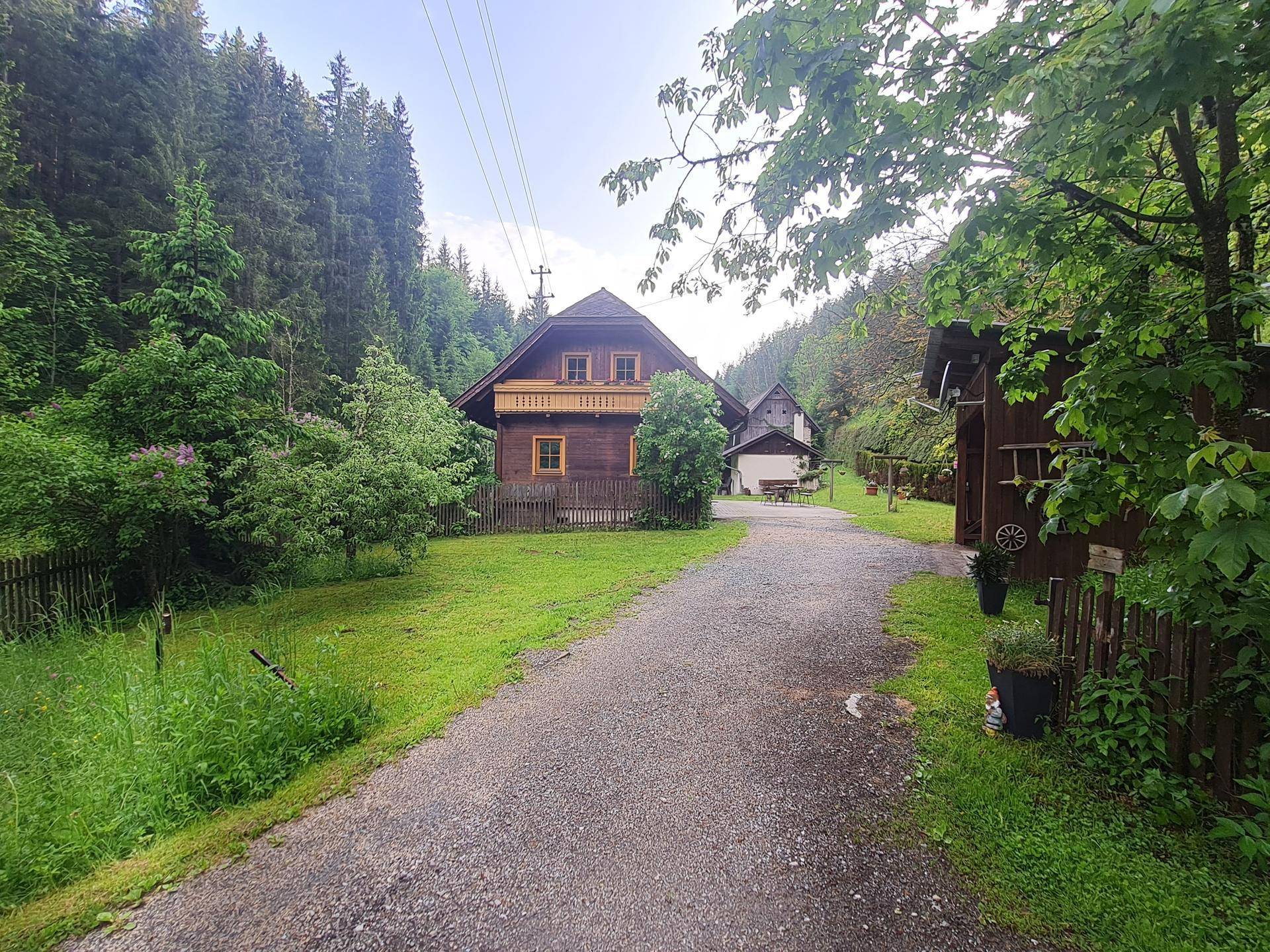 Kiesauffahrt führt zu einem charmanten Holzhaus mit Balkon, eingebettet in grüne Natur und hohe Bäume.