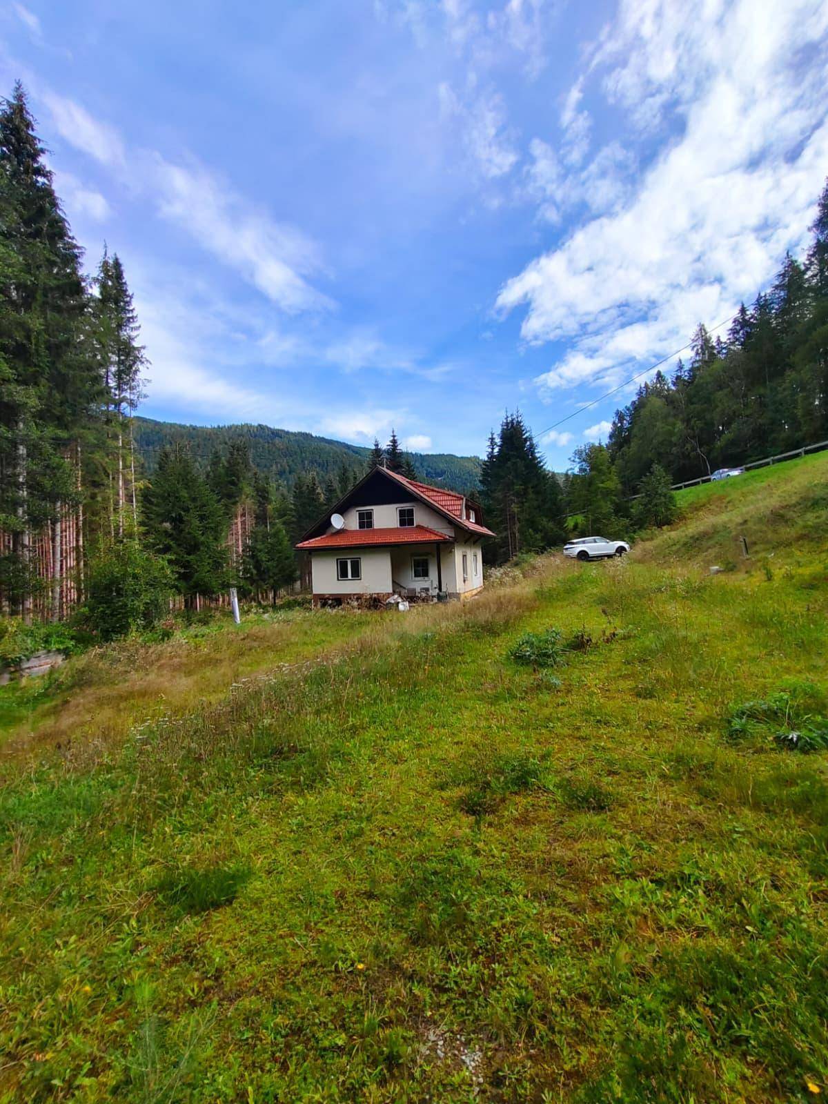 Weitwinkelaufnahme des Hauses auf einem grasbewachsenen Hang mit Wald und blauem Himmel im Hintergrund.