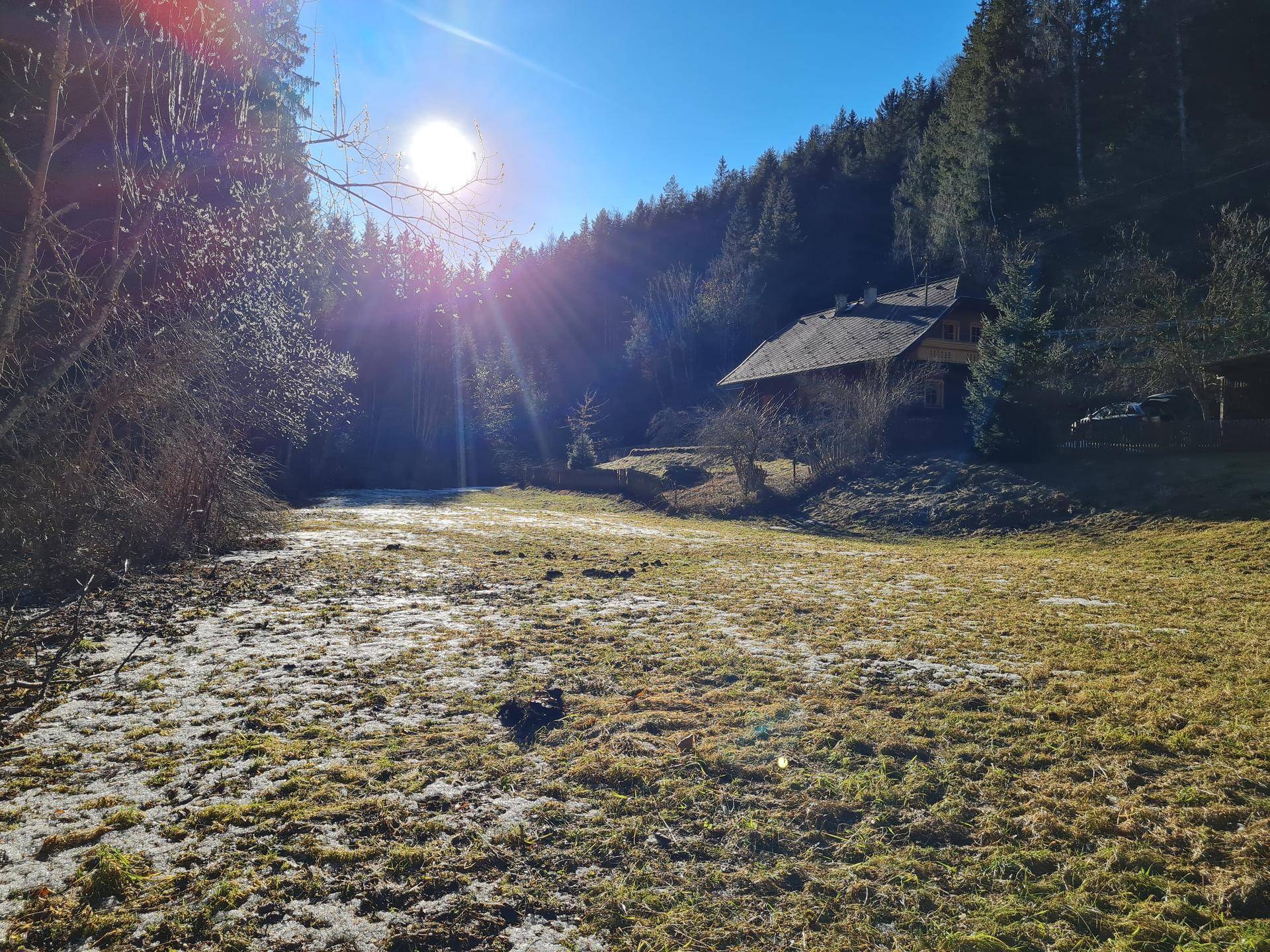 Weitläufiges, schneebedecktes Feld mit Grasflecken, umgeben von Wald und einem traditionellen Holzhaus in der Ferne.