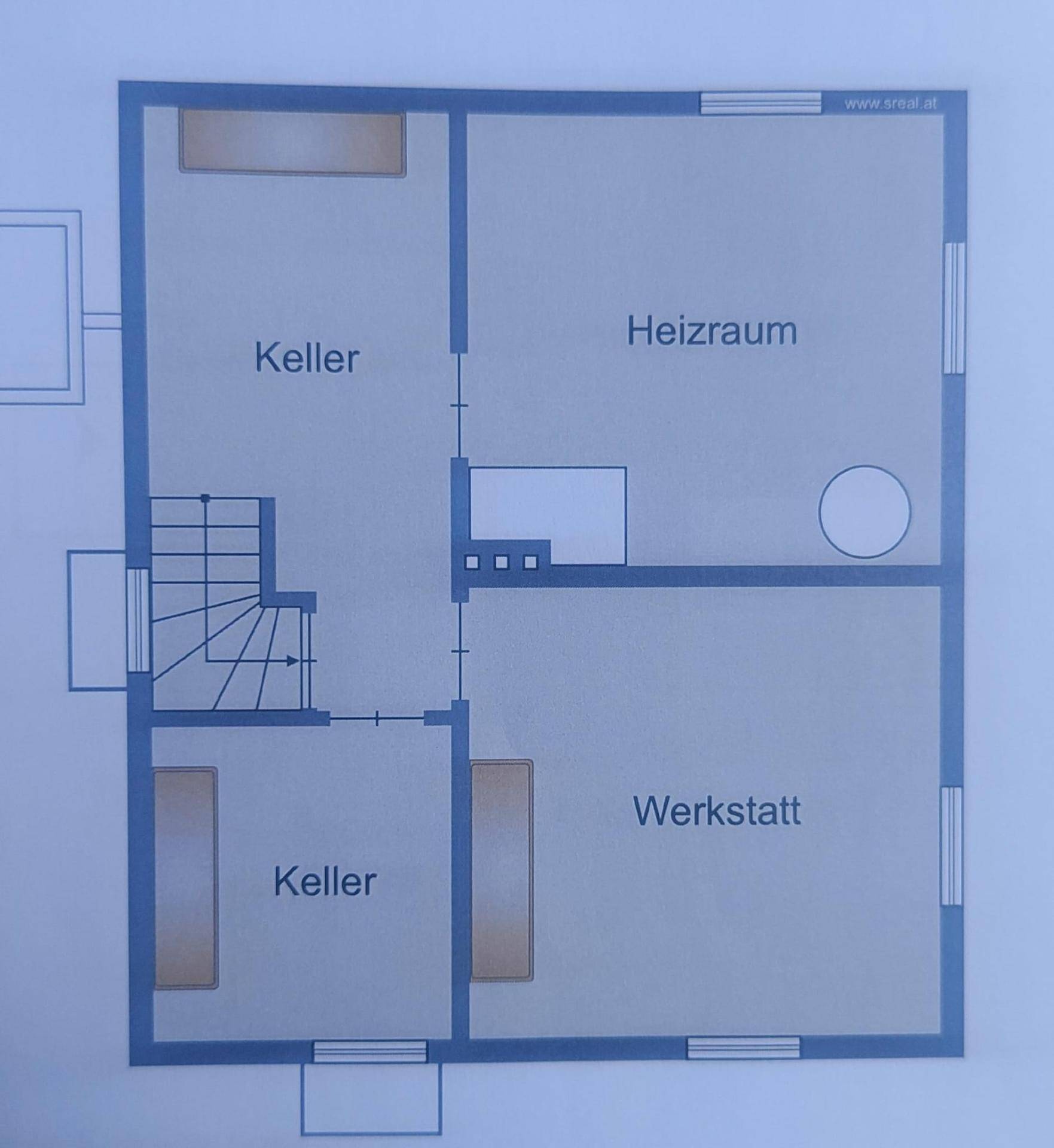 Grundriss des Kellers mit Heizraum, Werkstatt und zwei Kellerräumen.