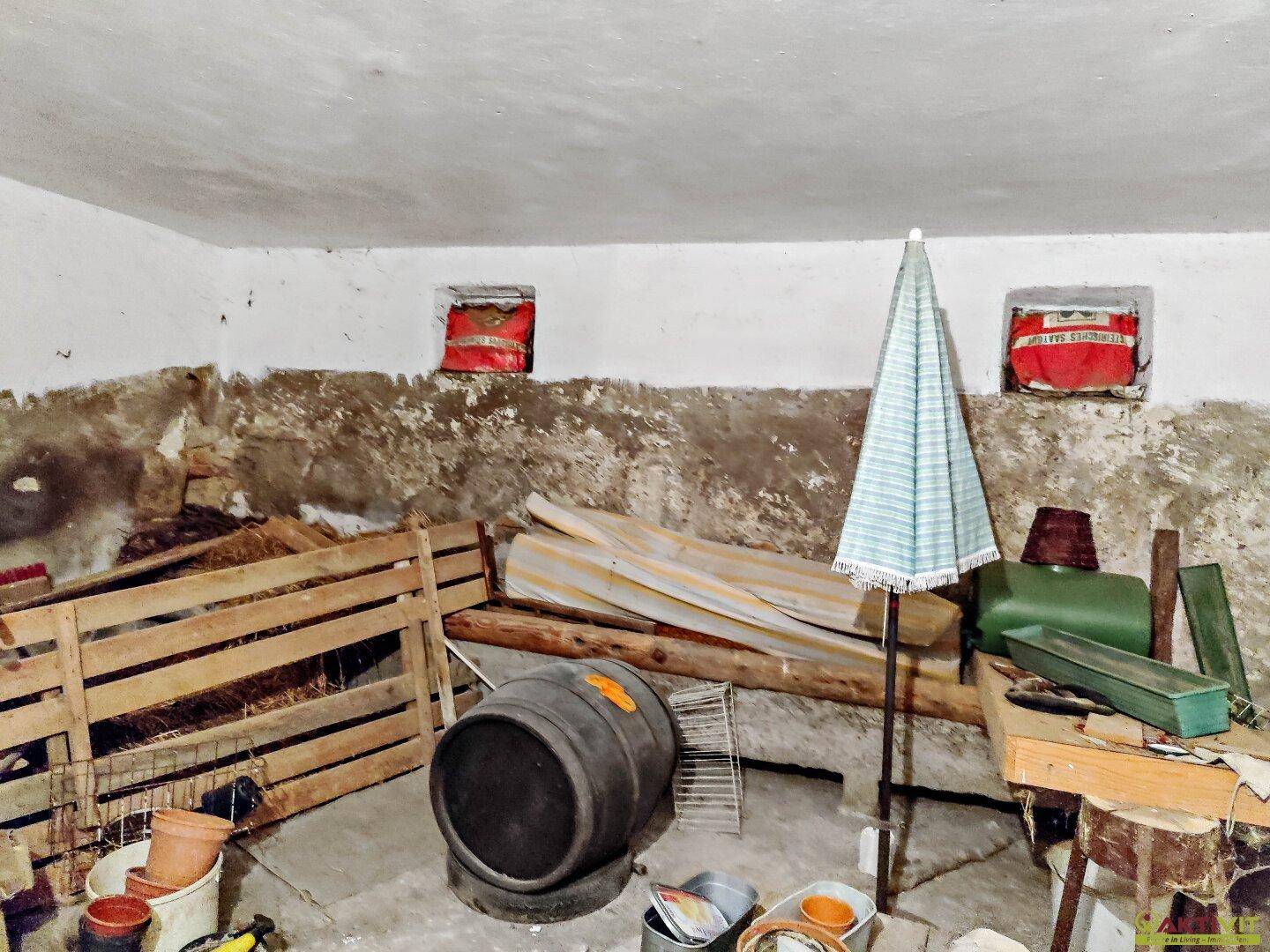 Kellerraum mit verschiedenen Gegenständen und unfertigen Wänden.