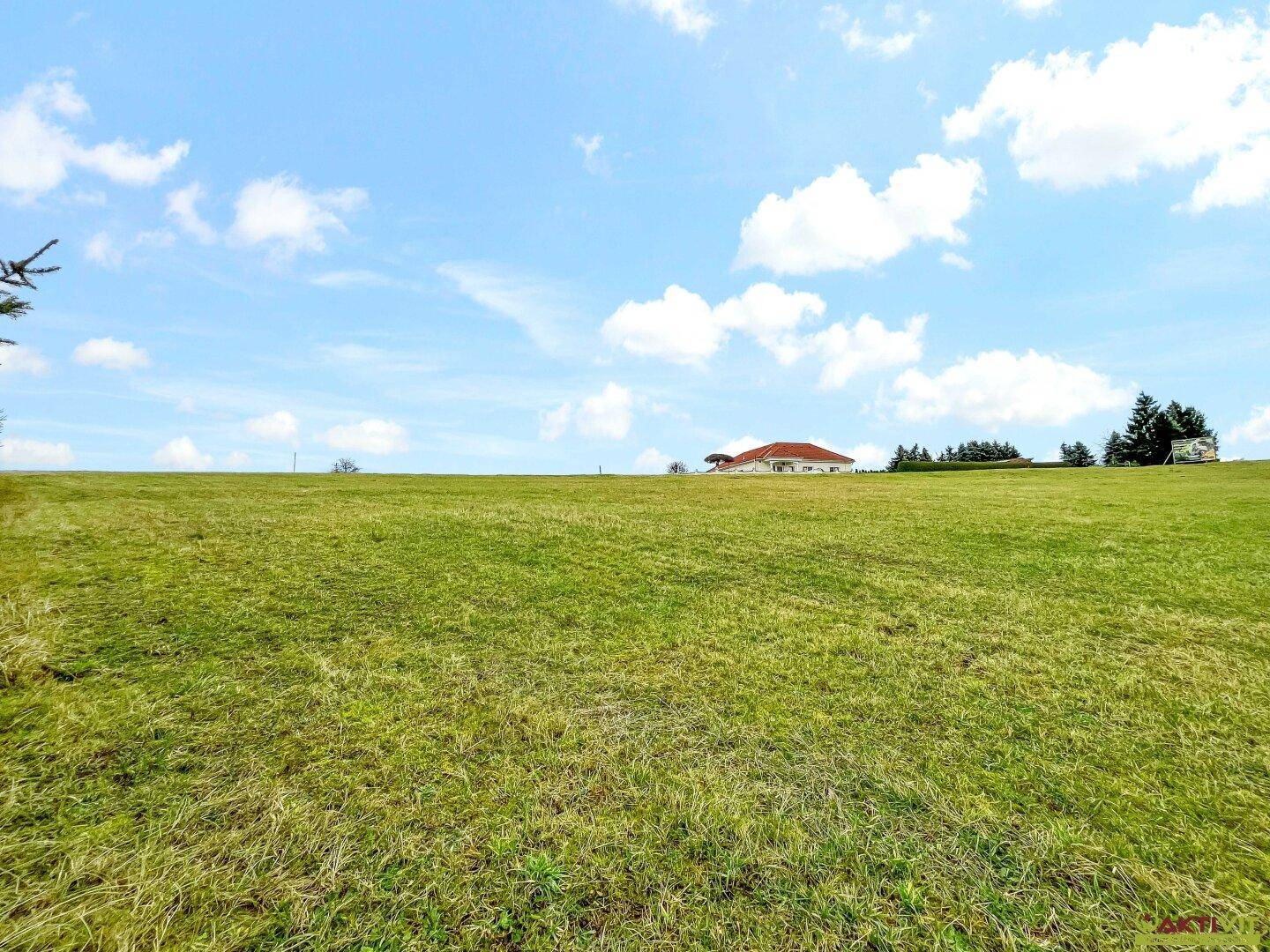Panoramablick über ein weites grünes Feld mit einem Haus am Horizont unter blauem Himmel.