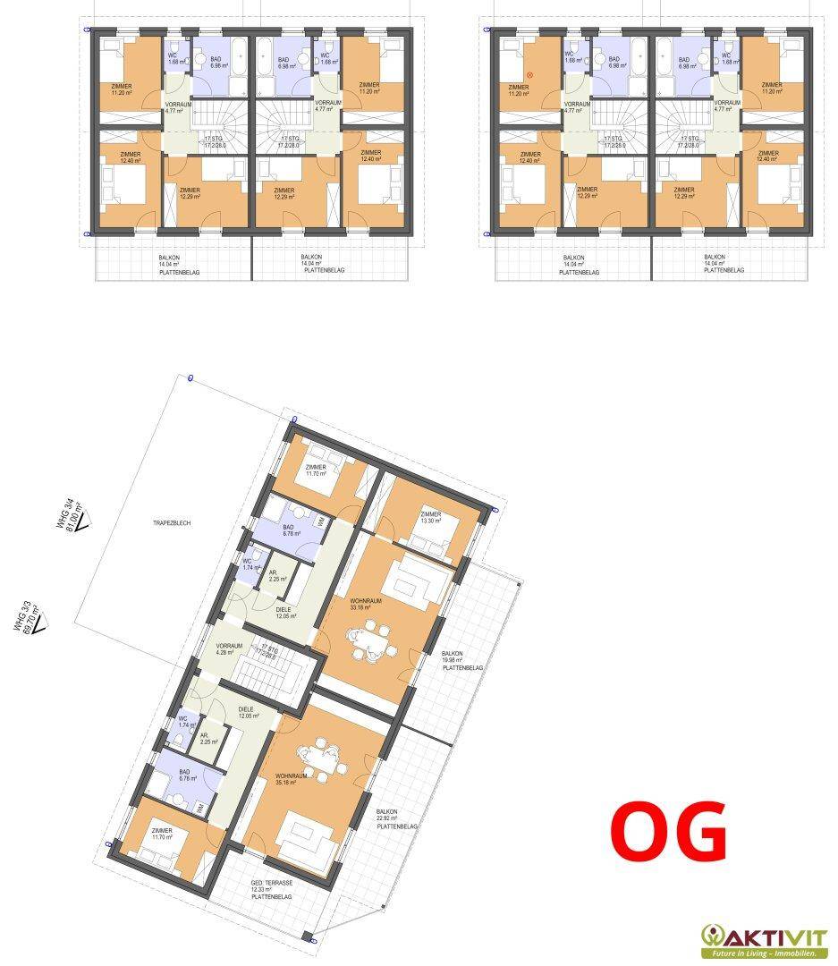 Grundrisspläne für mehrere Obergeschosswohnungen mit Balkonen und funktionaler Raumaufteilung.