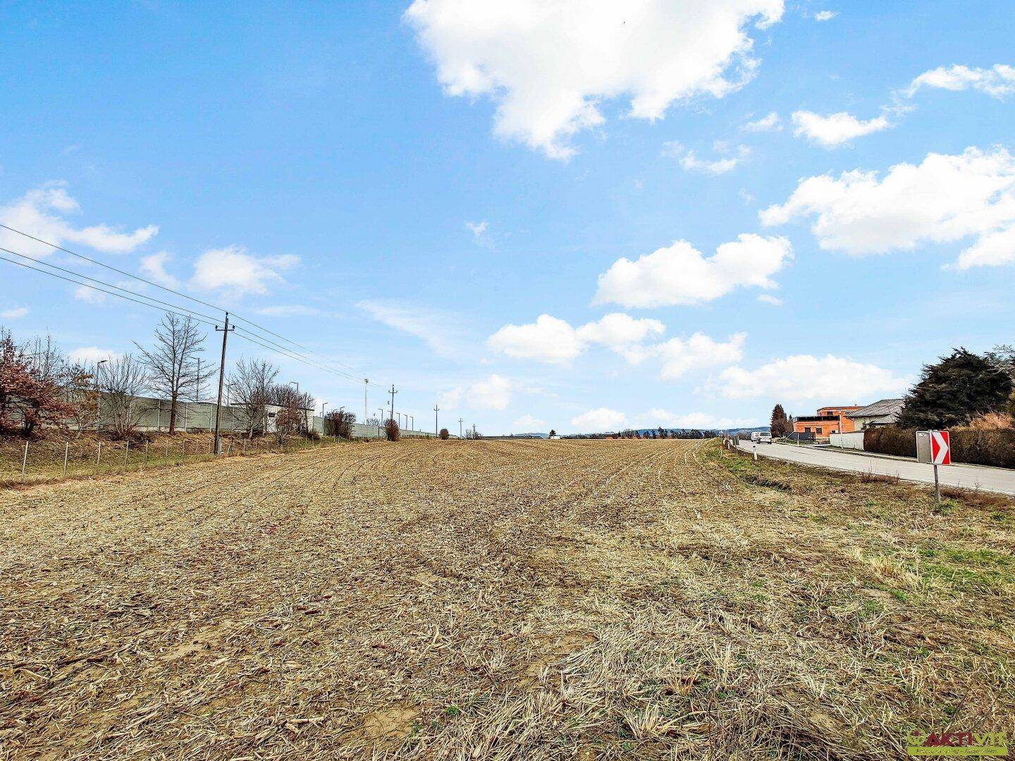 Offenes Feld mit ländlicher Umgebung und Häusern am Horizont unter weitem Himmel.