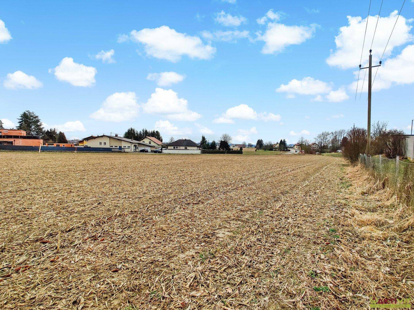 Weitläufiges Feld mit Wohnbebauung im Hintergrund unter klarem blauem Himmel.