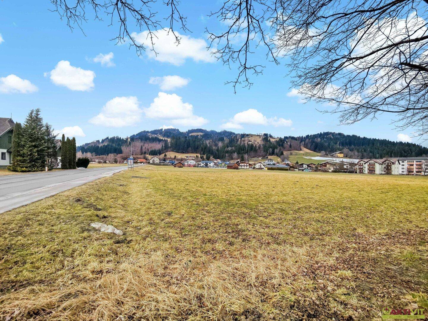 Große Wiesenfläche neben einer Straße mit Blick auf eine Siedlung und die bewaldeten Berge im Hintergrund.